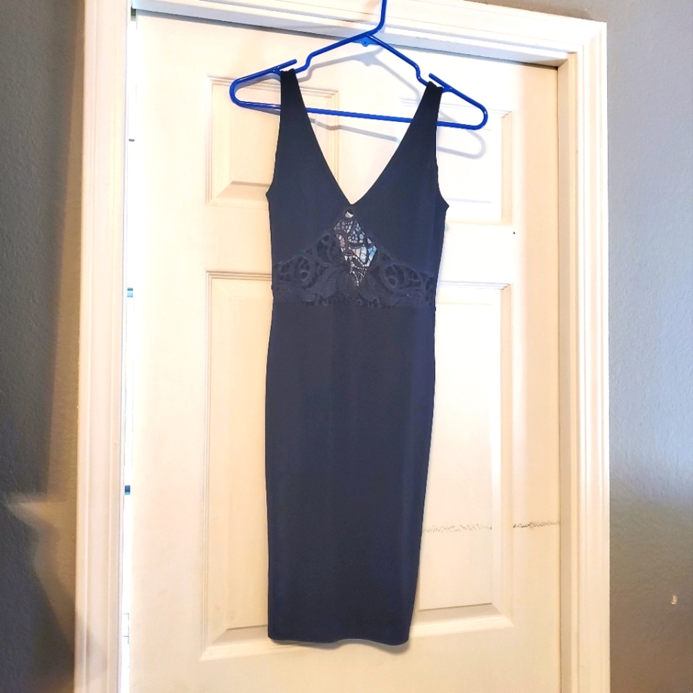 Lulu's Black Bodycon Dress with V Back and Front Lace Detail